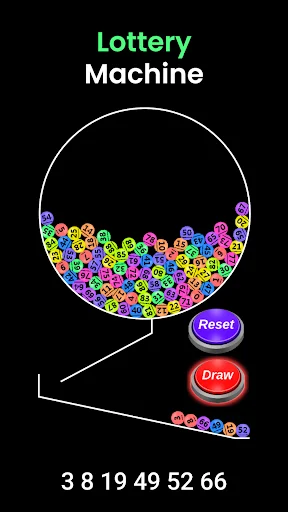 Lottery Machine app main screen with colorful numbered balls in circular chamber, reset and draw buttons, drawn numbers 3 8 19 49 52 66