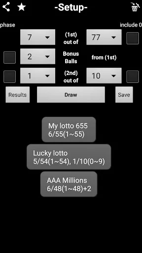 Setup screen with lottery game presets including My lotto 655, Lucky lotto, AAA Millions with customizable parameters