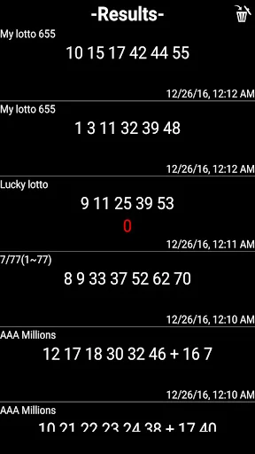 Results history displaying multiple lottery draws with winning numbers, timestamps, and different game types like My lotto 655