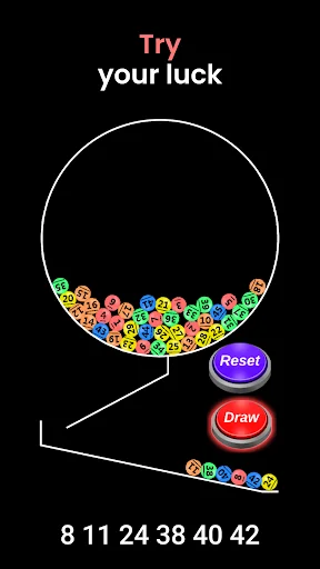 Try your luck screen with lottery machine full of colorful numbered balls, reset/draw buttons, winning numbers 8 11 24 38 40 42