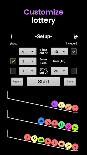 Customize lottery settings screen with dropdown menus for game configuration, bonus balls, phase setup, and start button