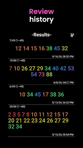 Review history screen showing past lottery results with timestamps, multiple sets of winning numbers in colorful display
