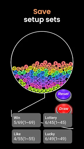 Save setup sets screen with lottery machine chamber, preset game options like Win 5/69, Lottery 6/45, Like 4/55, Lucky 6/49