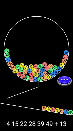 Lottery ball machine with colorful numbered balls at bottom, reset button visible, drawn numbers 4 15 22 28 39 49 + 13