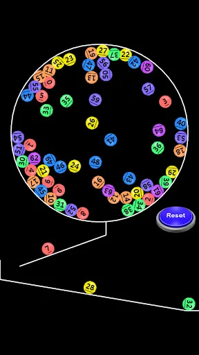 Active lottery draw showing numbered balls dispersed throughout circular chamber with reset button, ball movement simulation