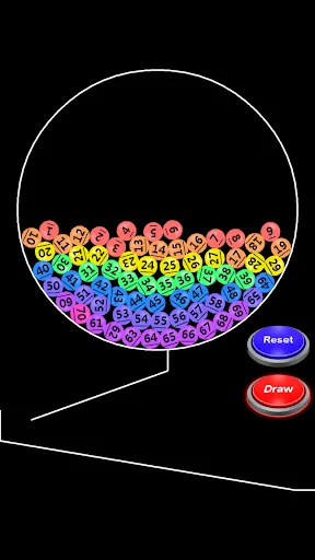 Lottery machine ready state with rainbow gradient numbered balls arranged at bottom, reset and draw buttons for new game