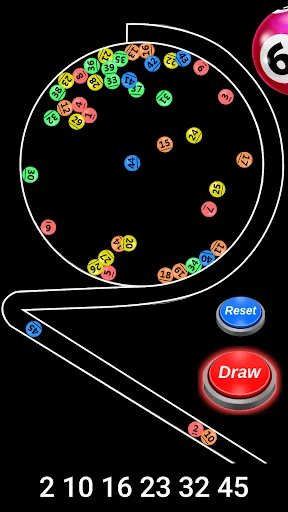 Lotto Draw Machine app showing spinning drum with colorful numbered balls, Draw and Reset buttons, winning numbers 2 10 16 23 32 45