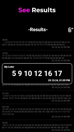 Lottery results history page showing past draws, 'My Lotto' winning numbers 5 9 10 12 16 17 with date and time stamp