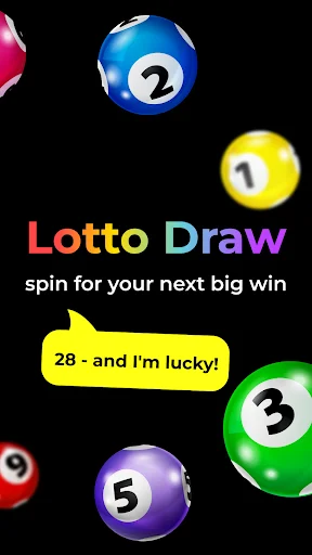 Lotto Draw app home screen with colorful lottery balls, text 'spin for your next big win' and lucky number 28 highlighted
