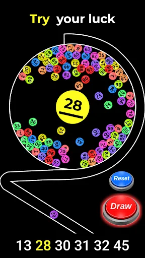 Lottery number generator with 'Try your luck' text, spinning drum full of numbered balls, selected number 28, Draw and Reset controls