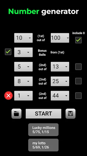 Number generator settings screen with dropdown menus for lottery configuration, bonus balls, START button, Lucky millions options