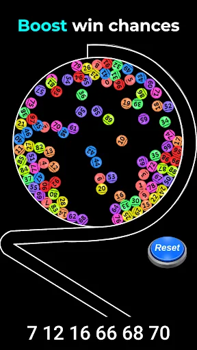 Lotto mixer showing 'Boost win chances' with colorful numbered balls in spinning drum, generated numbers 7 12 16 66 68 70 displayed