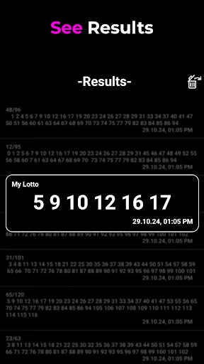 Results screen showing lottery number history, 'My Lotto' section with winning numbers 5 9 10 12 16 17 and timestamp