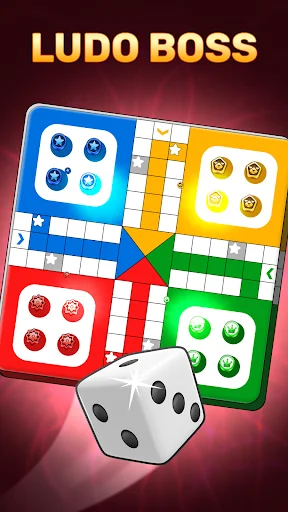 Ludo Boss multiplayer game main screen showing colorful game board with dice and four player zones in blue, yellow, red, green