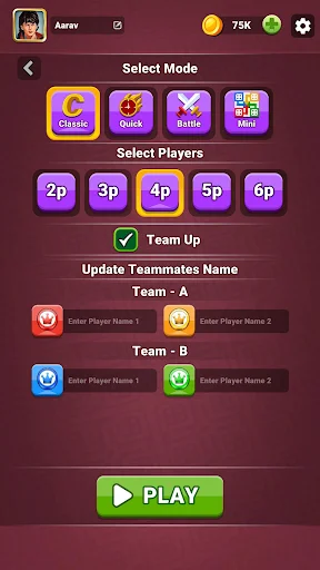 Ludo Boss team mode selection with 2-6 players, team setup options, and multiplayer game configuration menu