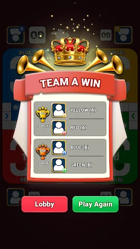 Ludo Boss Team A victory screen showing winning celebration with crown, player rankings, and play again option