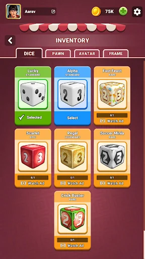 Ludo Boss inventory system displaying collectible dice, pawns, avatars, and frames with rarity levels
