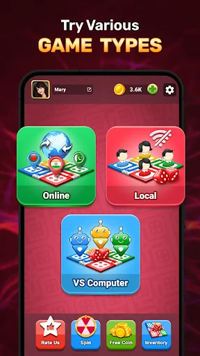 Ludo Boss game menu with three game modes: Online multiplayer, Local play, and VS Computer options with player profile