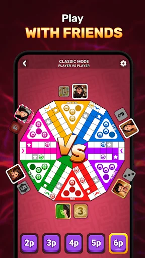 Ludo Boss friends multiplayer setup screen showing circular board layout with player avatars and 2-6 player options