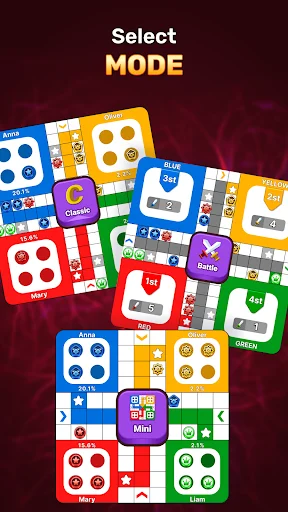 Ludo Boss game mode selection screen displaying various board layouts including Classic, Quick, Battle, and Mini modes