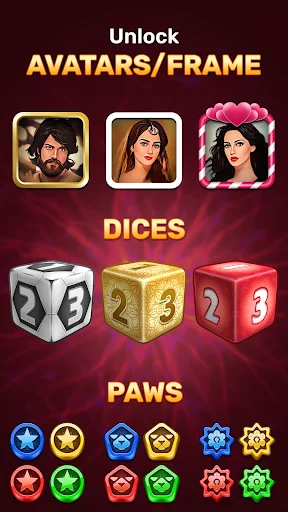 Ludo Boss customization menu to unlock avatars, frames, dice designs, and colorful pawn pieces for personalization
