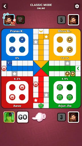 Ludo Boss Classic mode online gameplay showing active multiplayer match with four players and game progress