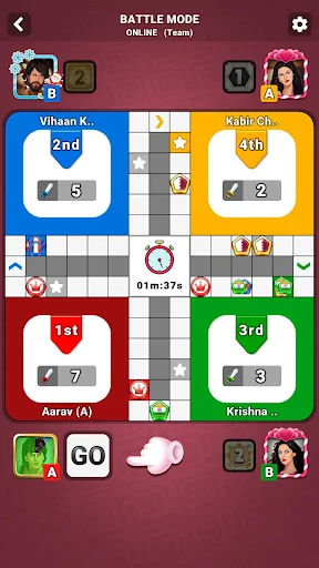 Ludo Boss Battle mode team-based gameplay with timer, player rankings, and competitive multiplayer interface