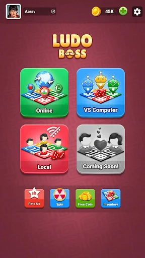 Ludo Boss main menu showing Online, VS Computer, Local, and Coming Soon game options with user profile display