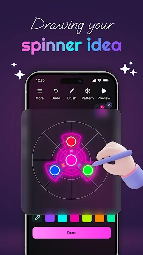 Draw glowing spinner art with finger - color palette and brush tools visible for creating neon fidget spinner designs