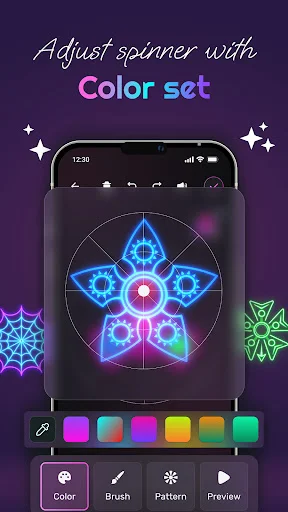 Blue neon star-shaped fidget spinner with color customization tools, brush and pattern options in editing interface