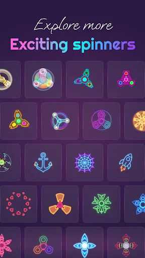 Gallery grid of exciting preset spinning designs in various colors, styles and shapes to explore and choose from