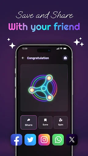 Glowing multicolor spinner design on congratulation screen with Share, Save buttons and social media sharing options