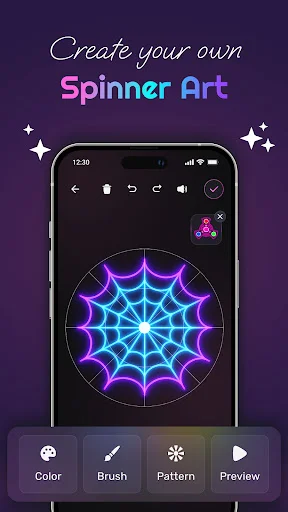 Purple and cyan neon web-pattern spinner art creation with full editing tools including color, brush and pattern controls