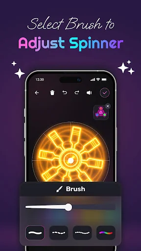 Golden yellow rotating fidget spinner with brush size adjustment slider and multiple texture brush options below