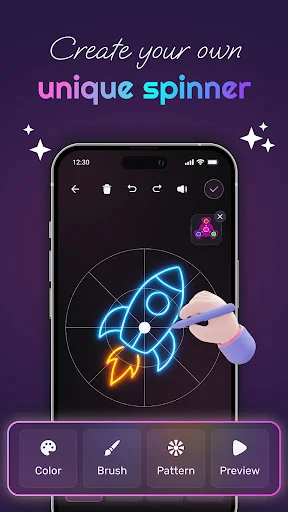 Rocket-shaped neon spinner with orange and yellow glow being drawn using finger on circular canvas with editing tools