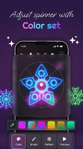 Adjust spinner colors - neon star spinner with multiple color palette options and color, brush, pattern tool selections