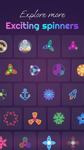 Explore exciting spinner designs - grid gallery of neon glow spinner templates with various geometric and decorative shapes