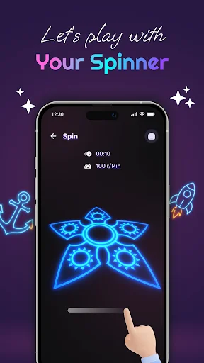 Play with spinner - blue neon spinner showing rotation speed stats (100 r/Min) with interactive touch control for fidgeting