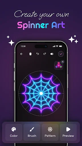 Create spinner art - purple and cyan spider web glow spinner with color, brush, pattern tools for custom design creation