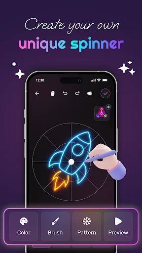 Create unique spinner - blue and yellow rocket spinner being drawn with finger using color and brush art tools
