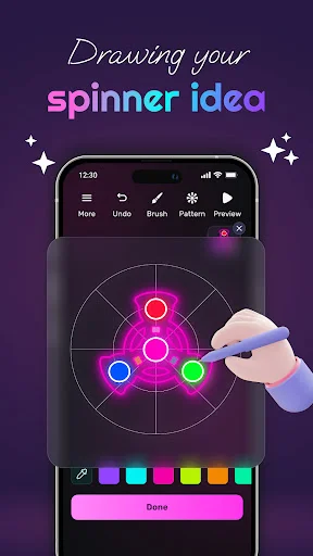 Hand drawing neon glowing spinner with colorful dots using finger, color palette selector, and Done button to complete design