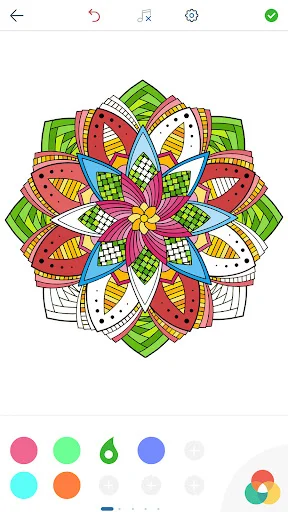 Vibrant multi-colored mandala design with diverse color palette options including mint green and orange for artistic expression