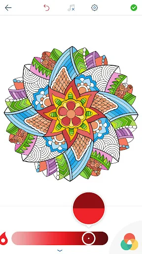 Intricate colorful mandala pattern with brush slider tool and vibrant color options for adult coloring
