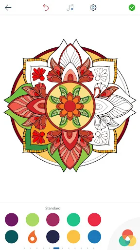 Completed symmetrical mandala design with red and warm tones, Standard color palette selection menu for adult coloring pages