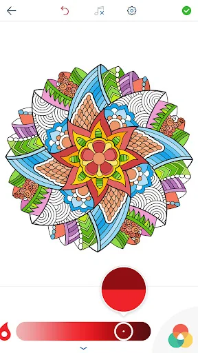 Colorful geometric mandala artwork with bright multi-color palette and opacity slider for digital color adjustment and blending