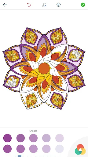 Purple and yellow mandala outline pattern with Shades color palette showing tint variations for detailed coloring customization