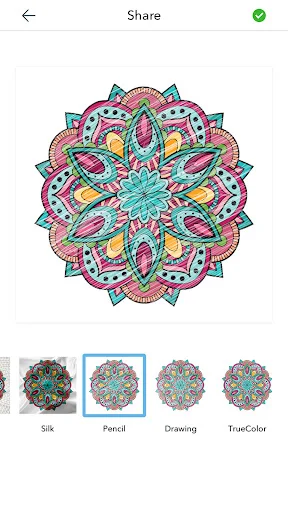 Detailed turquoise and pink mandala pattern ready to color with rendering style options: Silk, Pencil, Drawing, TrueColor