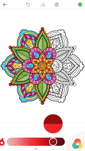 Half-colored mandala design with half unfinished, showing red color selector and brush size adjustment slider tool