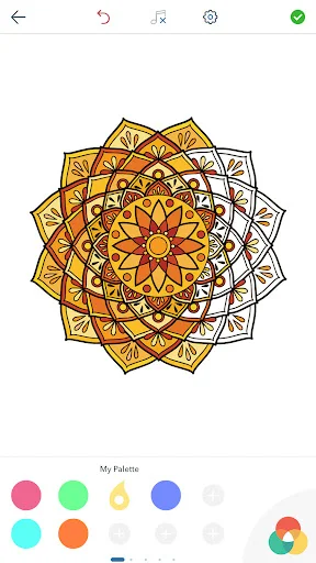 Orange geometric mandala pattern in coloring app with custom 'My Palette' section for saving favorite colors