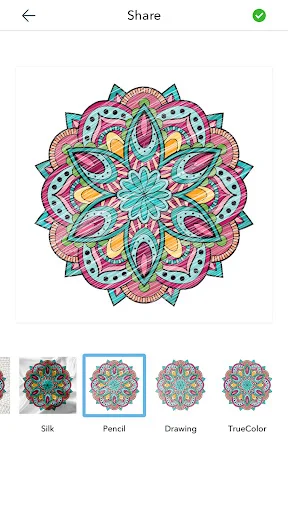 Detailed turquoise and pink mandala pattern ready to color with rendering style options: Silk, Pencil, Drawing, TrueColor
